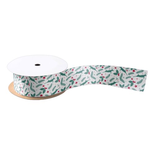 Christmas deers  Holly pattern Satin Ribbon