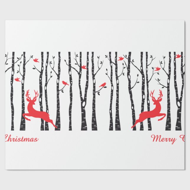 Christmas deers in birch tree forest wrapping paper (Seam)