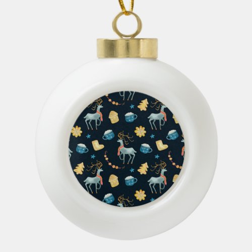 Christmas Deers Watercolor Seamless Pattern Ceramic Ball Christmas Ornament