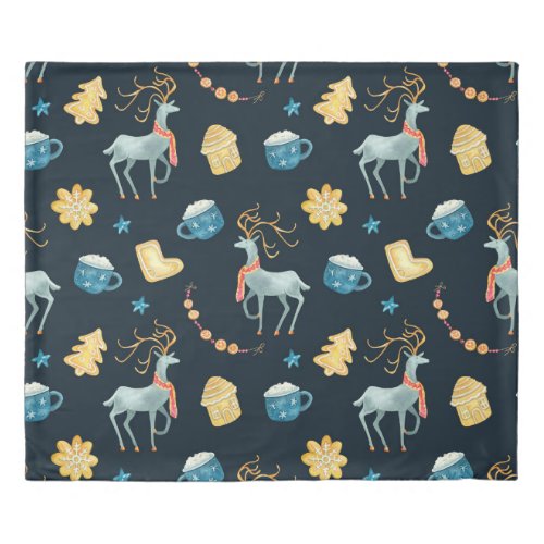 Christmas Deers Watercolor Seamless Pattern Duvet Cover