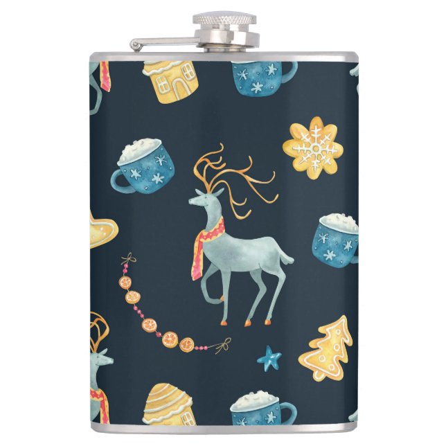 Christmas Deers: Watercolor Seamless Pattern Flask (Front)