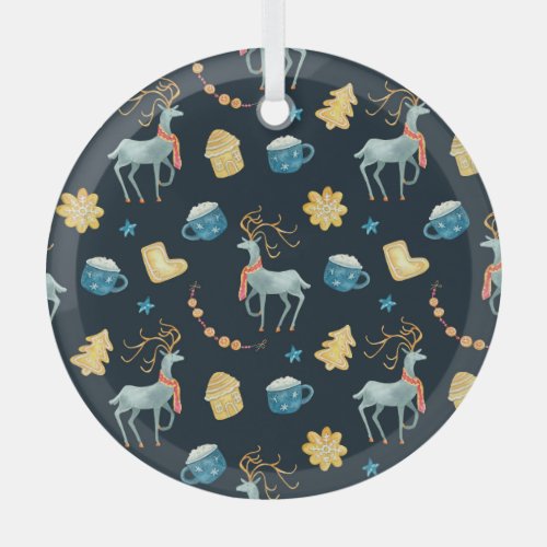 Christmas Deers Watercolor Seamless Pattern Glass Ornament