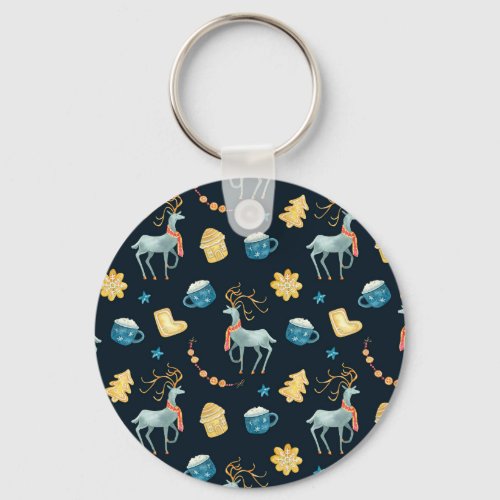 Christmas Deers Watercolor Seamless Pattern Keychain