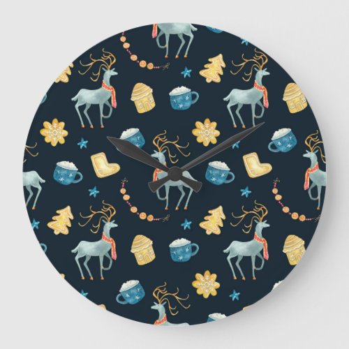 Christmas Deers Watercolor Seamless Pattern Large Clock