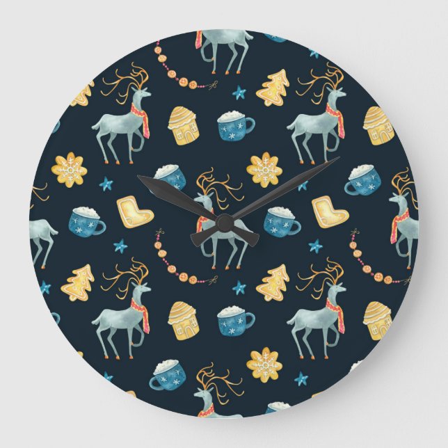 Christmas Deers: Watercolor Seamless Pattern Large Clock (Front)