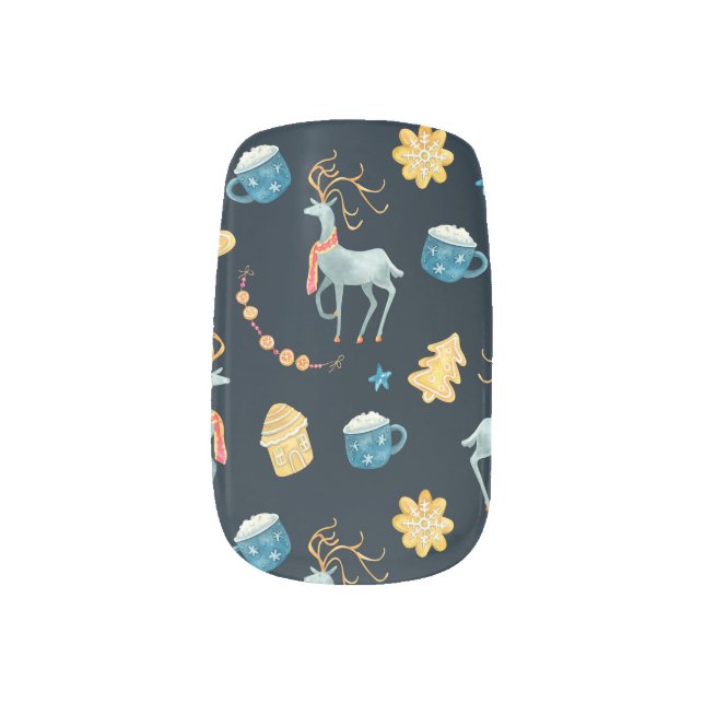 Christmas Deers: Watercolor Seamless Pattern Minx Nail Art (Left Thumb)