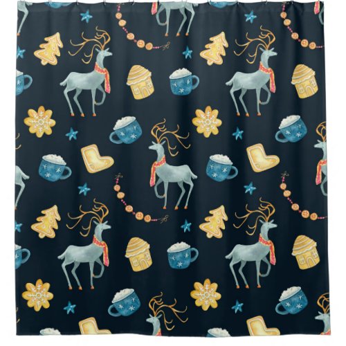 Christmas Deers Watercolor Seamless Pattern Shower Curtain