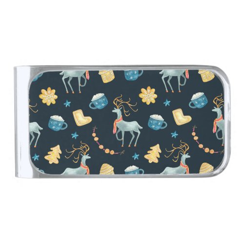 Christmas Deers Watercolor Seamless Pattern Silver Finish Money Clip