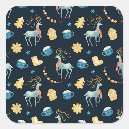 Christmas Deers Watercolor Seamless Pattern Square Sticker