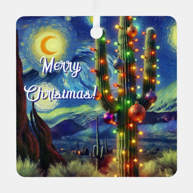 Christmas Desert Saguaro Cactus Holiday Card Metal Ornament (Front)