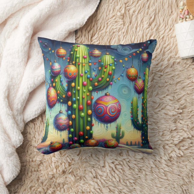 Christmas Desert Southwest Saguaro Cactus Seasonal Throw Pillow (Blanket)