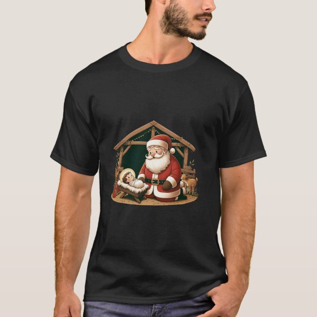 Christmas Design Kneeling Santa Claus With Baby Je T-Shirt (Front)