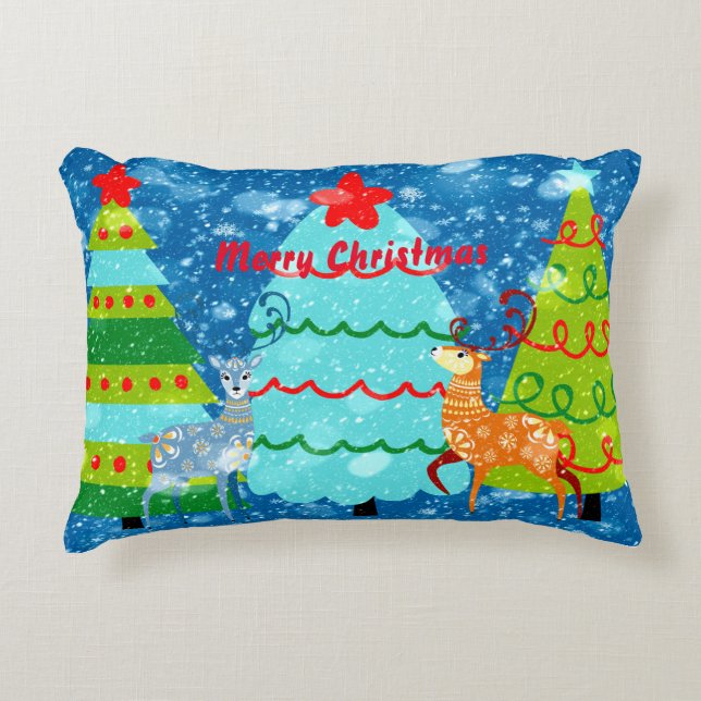 Christmas Design with Trees, Deer, and Snow Accent Pillow (Front)