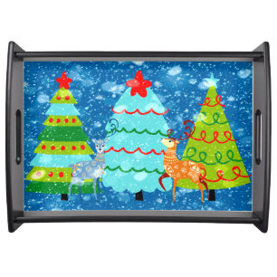 Christmas Design with Trees, Deer & Snow Serving Tray