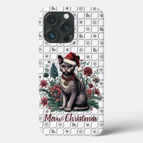 Christmas Devon Rex Cat Santa Hat and Flowers iPhone 13 Pro Case