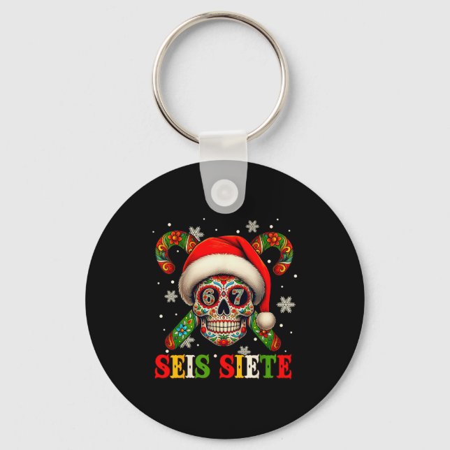 Christmas Dia De Los Muertos Sugar Skull Seis Siet Keychain (Front)