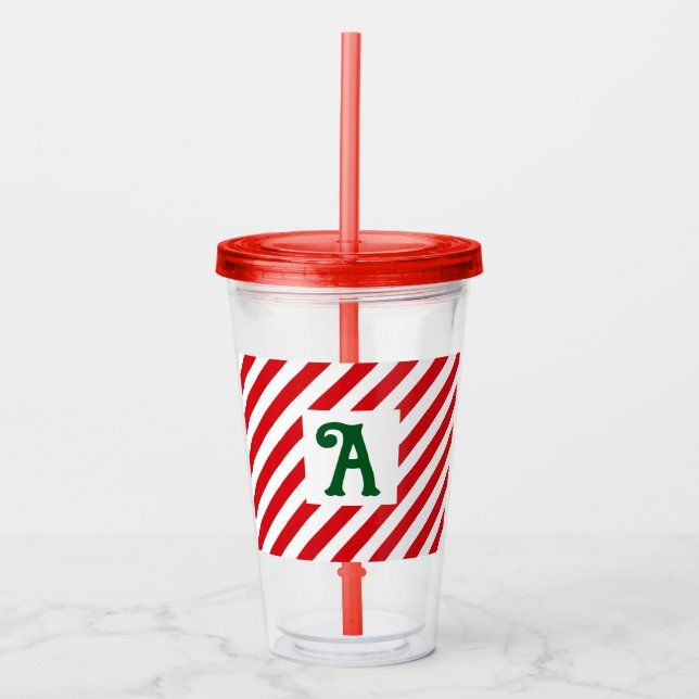 Christmas Diagonal Red and White Stripes Initial Acrylic Tumbler (Front)