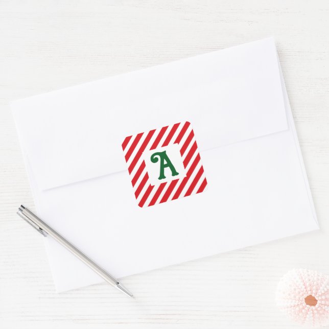 Christmas Diagonal Red and White Stripes Initial Square Sticker (Envelope)