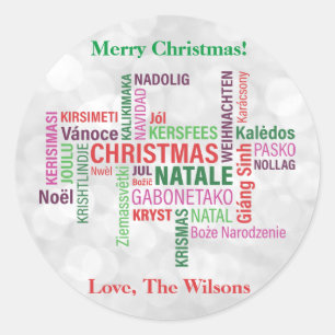 Christmas Different Languages Word Cloud Custom Classic Round Sticker