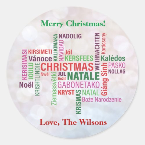 Christmas Different Languages Word Cloud Custom Classic Round Sticker