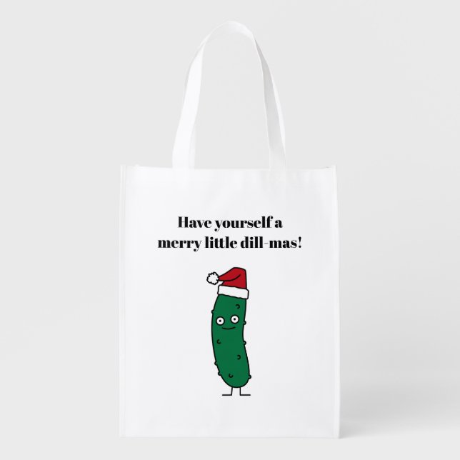 Christmas Dill Pickle wearing a Santa Hat Grocery Bag (Front)