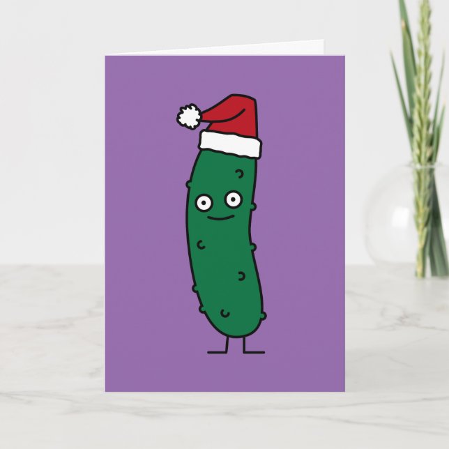 Christmas Dill Pickle wearing a Santa Hat Holiday Card (Front)