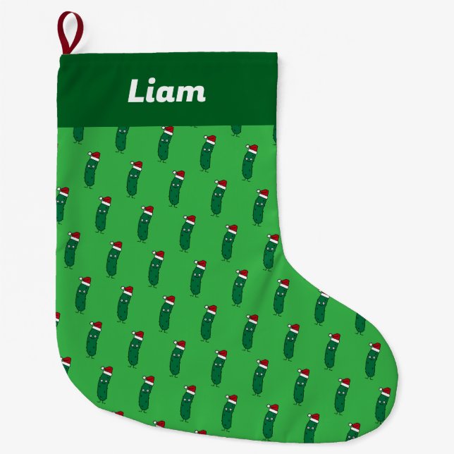 Christmas Dill Pickle wearing a Santa Hat Large Christmas Stocking (Front)