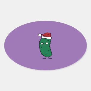 Christmas Dill Pickle wearing a Santa Hat Oval Sticker