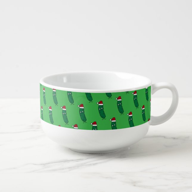 Christmas Dill Pickle wearing a Santa Hat Soup Mug (Left)