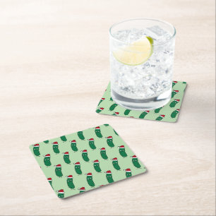 Christmas Dill Pickle wearing a Santa Hat Square Paper Coaster