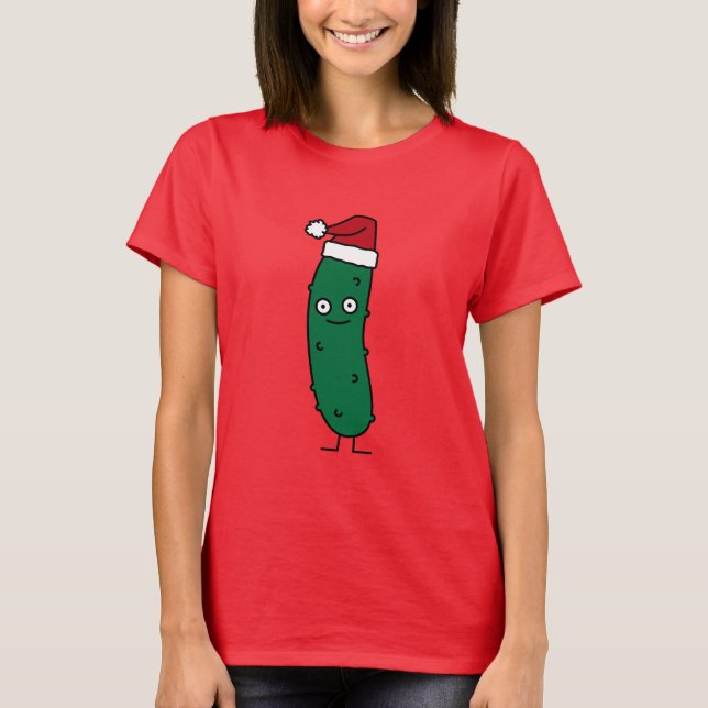 Christmas Dill Pickle wearing a Santa Hat T-Shirt (Front)