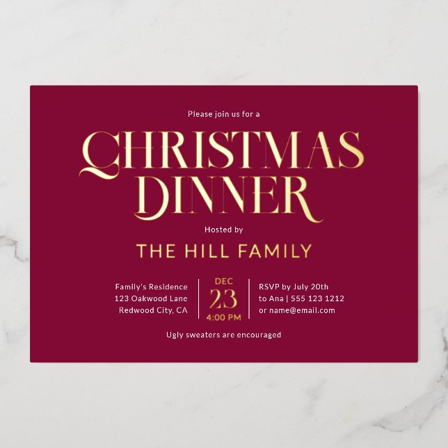 Christmas Dinner Elegant Red Foil Invitation (Front)
