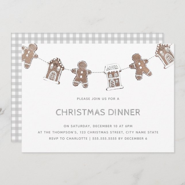 Christmas Dinner Gingerbread Gray Gingham Invitation (Front/Back)