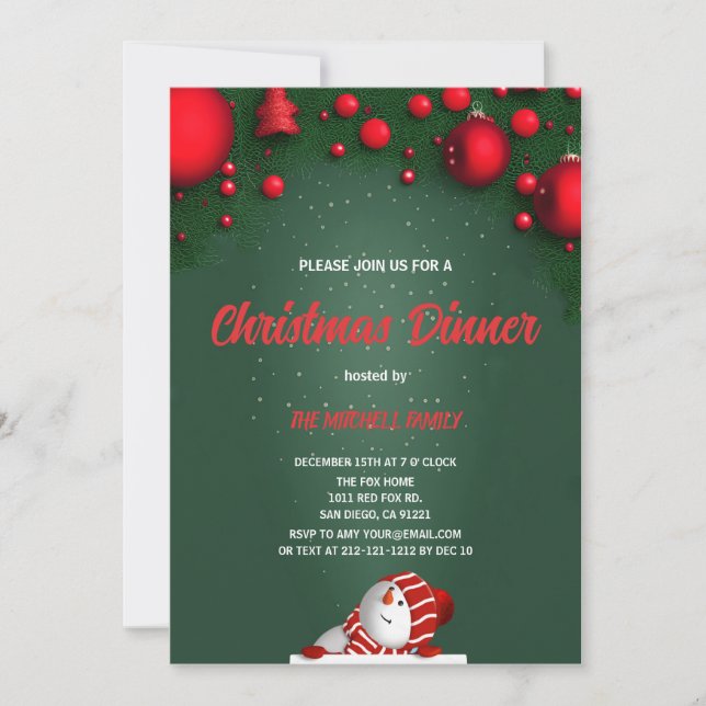 Christmas Dinner green Pine Red Berry  Invitation (Front)