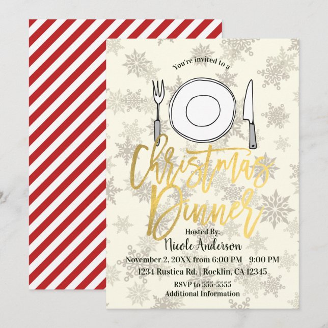CHRISTMAS DINNER Holiday Party Cream Ivory Stripes Invitation (Front/Back)
