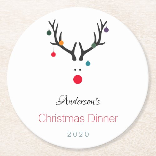 Christmas dinner modern funny reindeer white round paper coaster