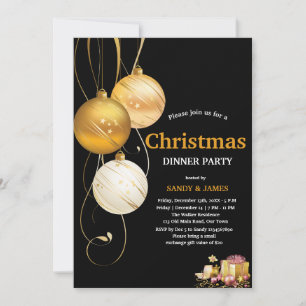 christmas dinner party black and gold baubles  invitation