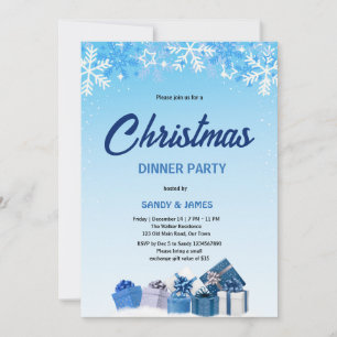 Christmas dinner party blue gifts baubles  invitation