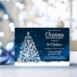 CHRISTMAS DINNER PARTY Blue White Lights Tree Invitation