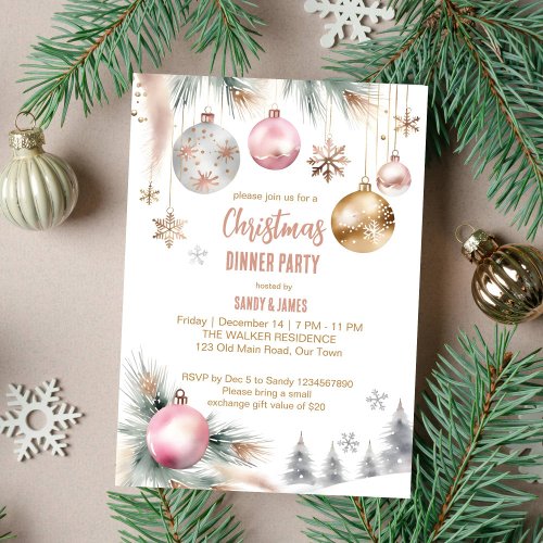 Christmas dinner party boho metallic watercolor invitation