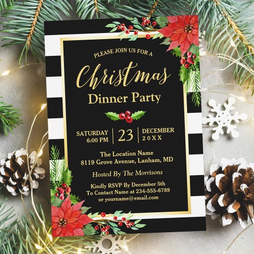 Christmas Dinner Party Classic Poinsettia Floral Invitation