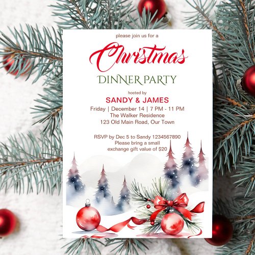 Christmas dinner party classic red baubles ribbon invitation
