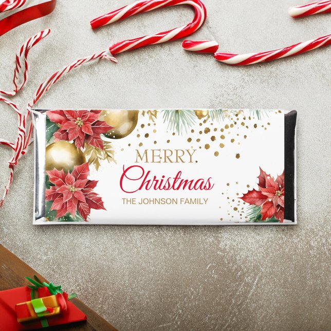 Christmas dinner party favors red poinsettia gold hershey bar favors (Christmas dinner party favors red poinsettia gold baubles personalized hershey bar candy favors)