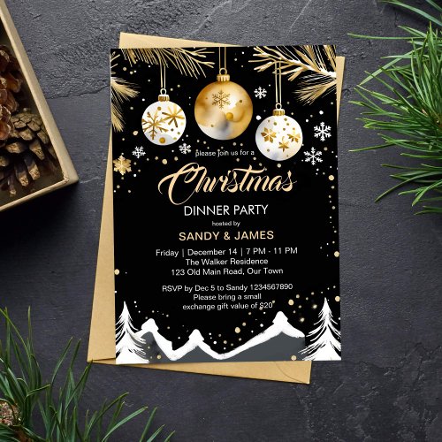 Christmas dinner party gold and black baubles invitation