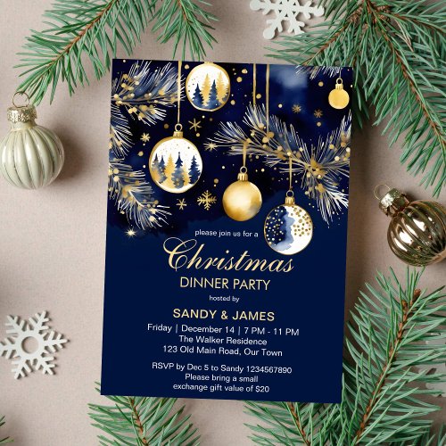 Christmas dinner party gold and navy blue baubles invitation