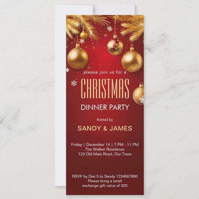 Christmas dinner party gold and red baubles invitation (Front)