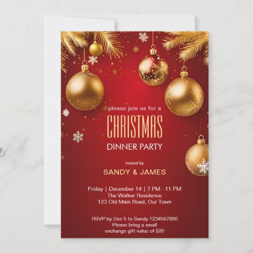 Christmas dinner party gold and red baubles invitation