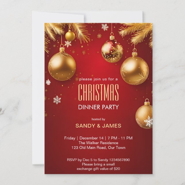 Christmas dinner party gold and red baubles invitation (Front)