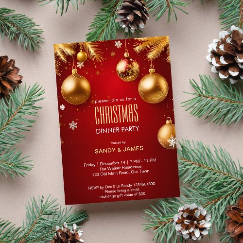 Christmas dinner party gold and red baubles invitation