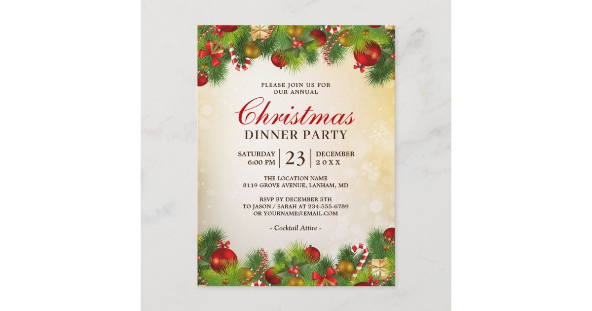 Christmas Dinner Party Gold Red Holiday Ornaments Postcard | Zazzle